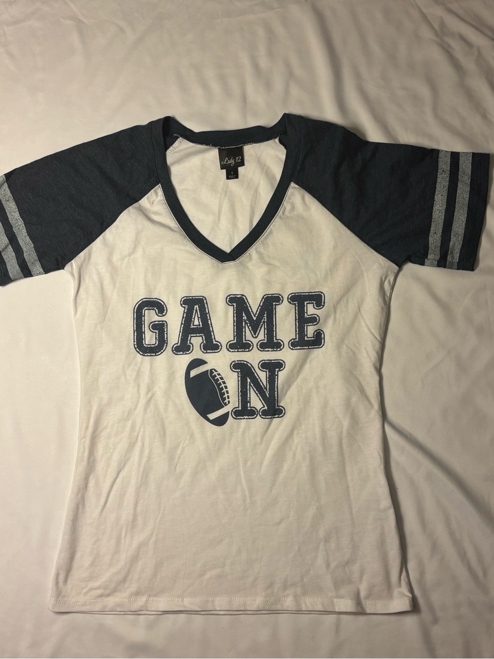 Women's V-Neck Game On Raglan Tee - White and Navy
